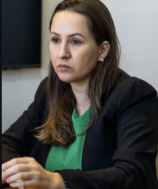 Ana em reunião de trabalho, atenta, ouvindo